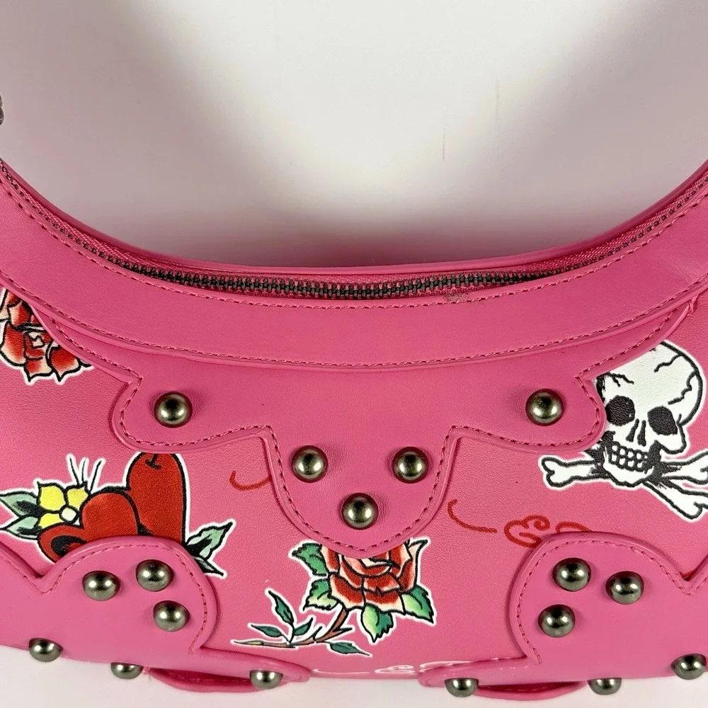 Ed Hardy Pink Tattoo Print Studded Hobo Shoulder Bag Skull Y2K Punk